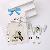 3D Bowties Nail Charm White & Black - Gold Rim